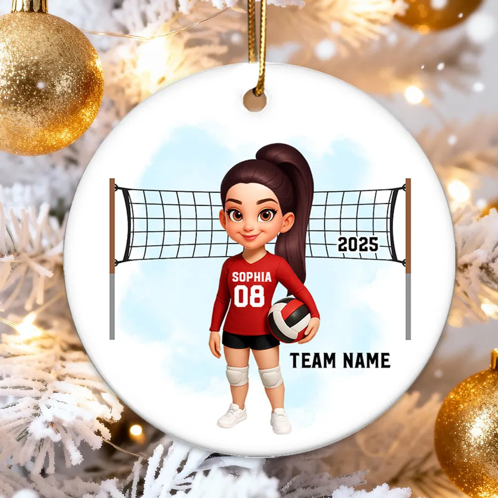 Volleyball Ceramic Ornament — customizable team & number, net backdrop — celebrate big wins, perfect gift for players & coaches