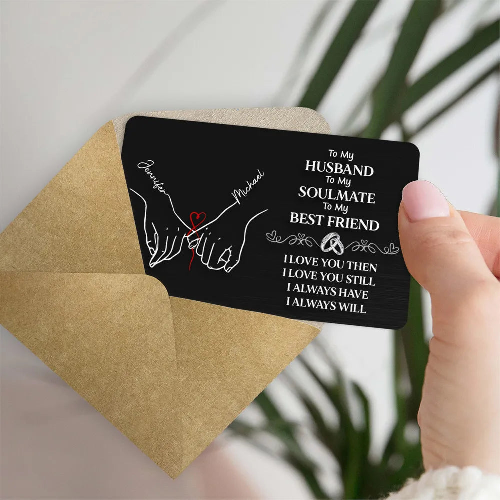 Personalized Metal Wallet Card for Husband, Holding Hands Love Message, Unique Romantic Gift He Carries Every Day