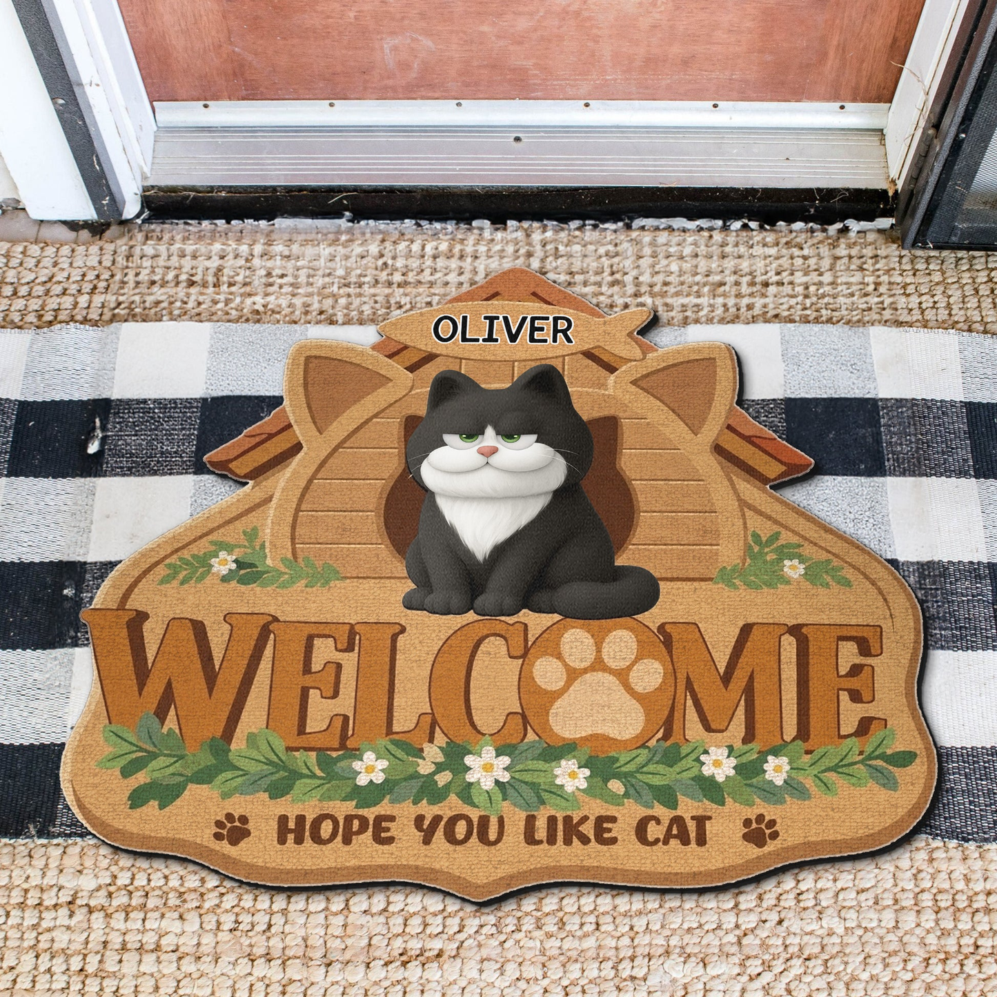 Personalized Shaped Doormat with Cat and Paw Print Welcome Home Gift for Cat Lovers, Cute Entryway Decor