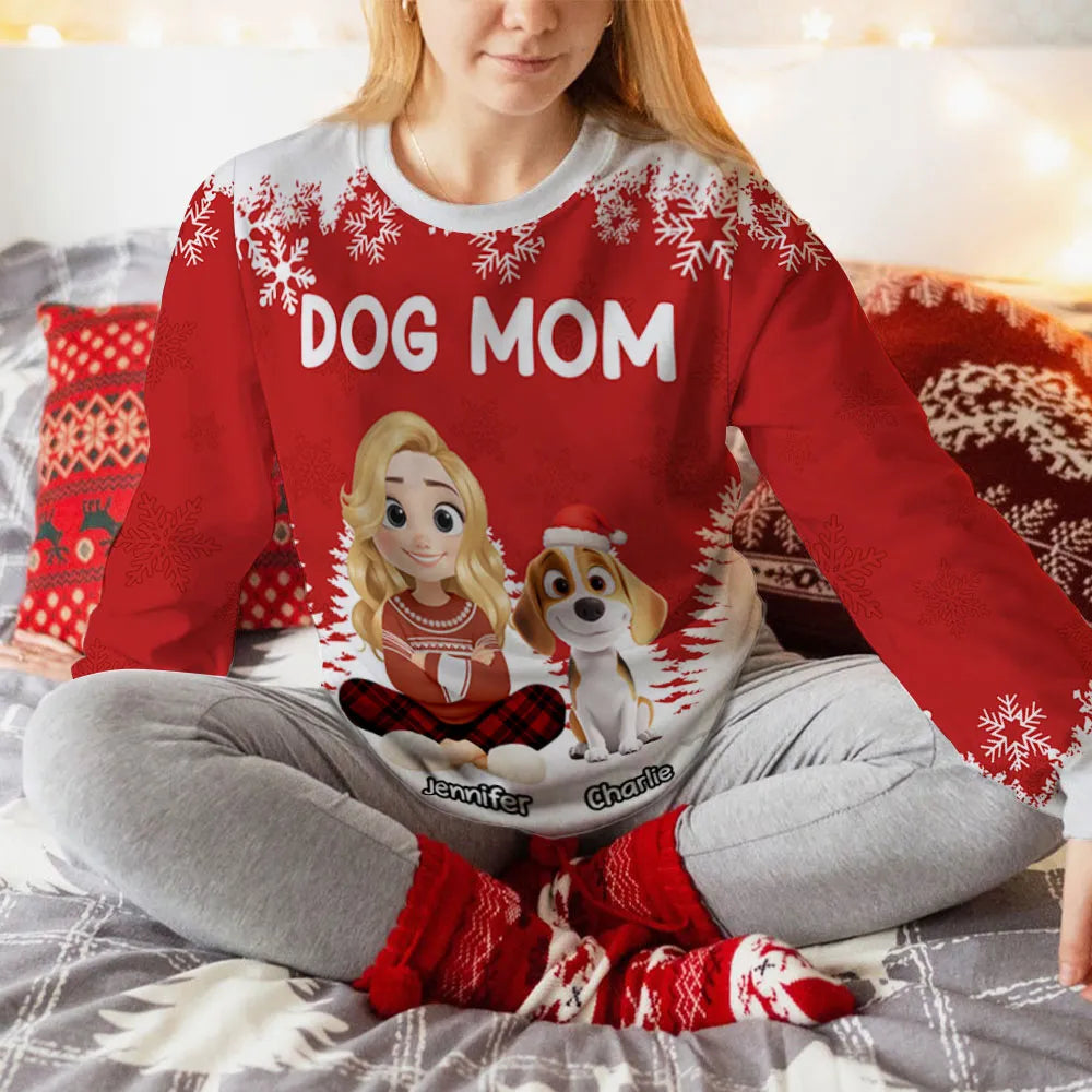 Personalized Dog Mom Printed Sweatshirt with Cartoon Portrait & Puppy, Festive Snowflake Design, Unique Christmas Gift for Pet Lovers
