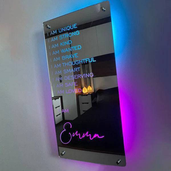 Personalized Affirmations Mirror - Light Colorful - Bedroom Lamp - Custom Text And Name
