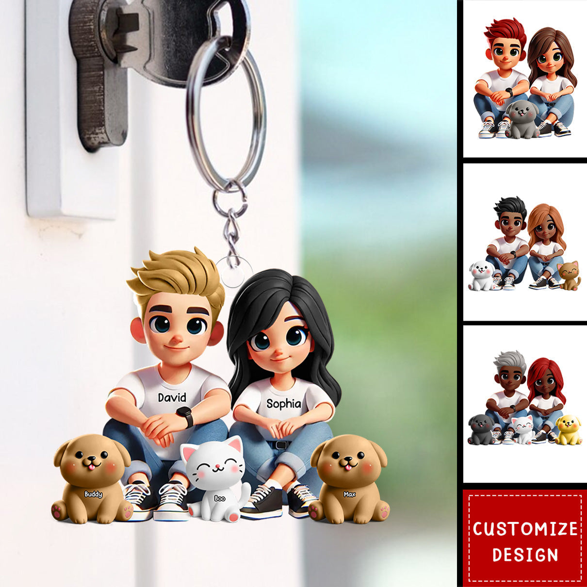 Personalized Acrylic Keychain – Cute Couple Cartoon Keychain with Names and Pet, Perfect Gift for Couples, Custom Love Keepsake for Family and Relationship Celebrations