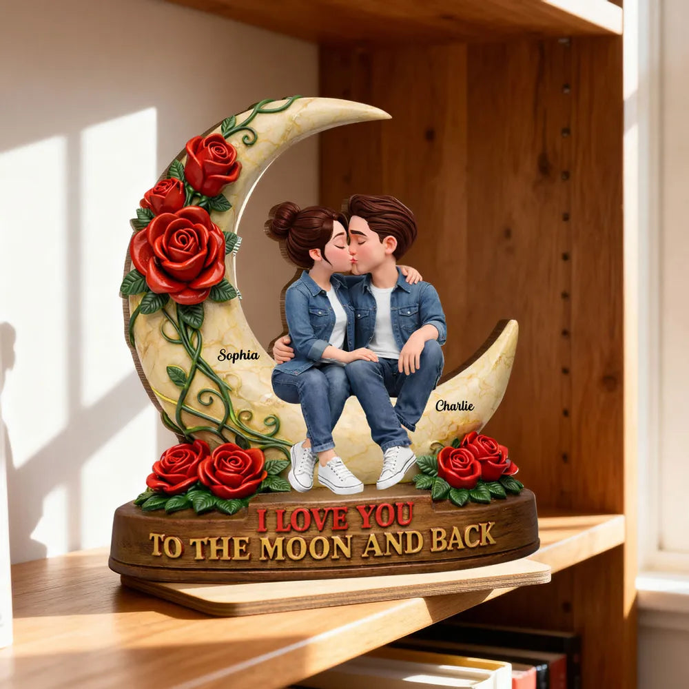 Personalized 2-Layer Wooden Plaque Kissing Couple on Crescent Moon Romantic Unique Gift for Wife or Girlfriend
