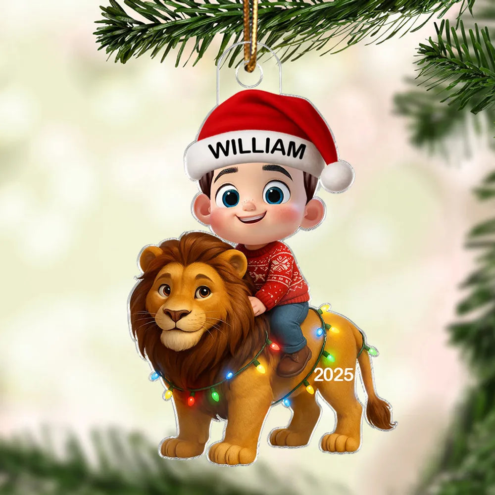 Christmas Acrylic Ornament with Cute Child Riding Lion, Festive Illustration, Perfect Gift for Kids