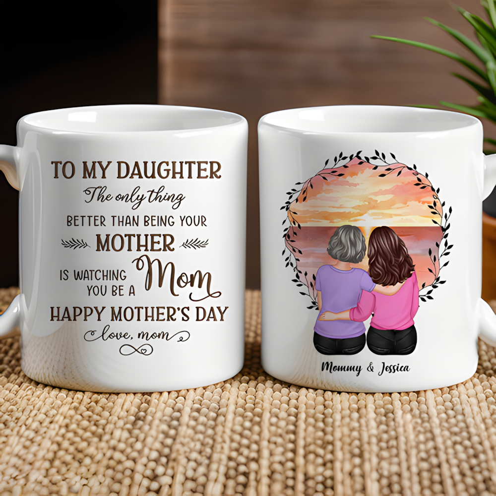Beach Sunset Mother and Daughter Hugging Back View – Personalized Cup, Poster, Keychain, Ornament & More, Sentimental Mother’s Day Gift for Daughter