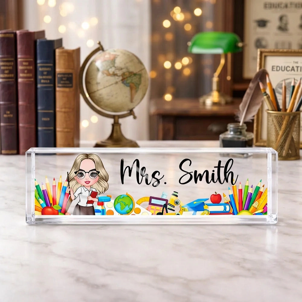 Rectangle Acrylic Block Plaque Personalized for a Teacher, Cute Classroom Desk Decor with Pencils and Books, Thoughtful Gift