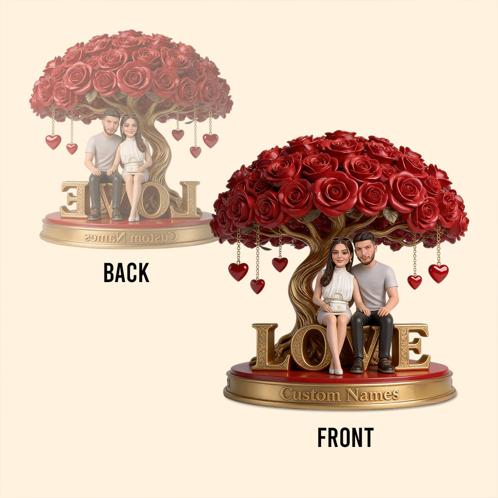 Custom Personalized Old Couple Figurine Statue under Red Rose Heart Tree, Engraved Name Anniversary Wedding Gift Home Decor Sculpture
