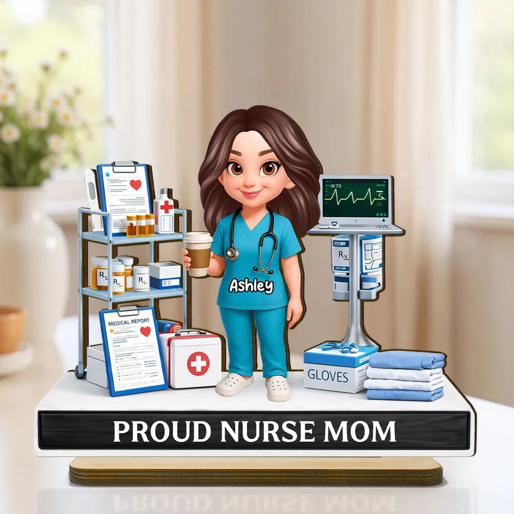 Personalized Proud Nurse Mom 2-Layer Wooden Plaque, Cartoon Nurse in Hospital Scene, Unique Gift for Mom