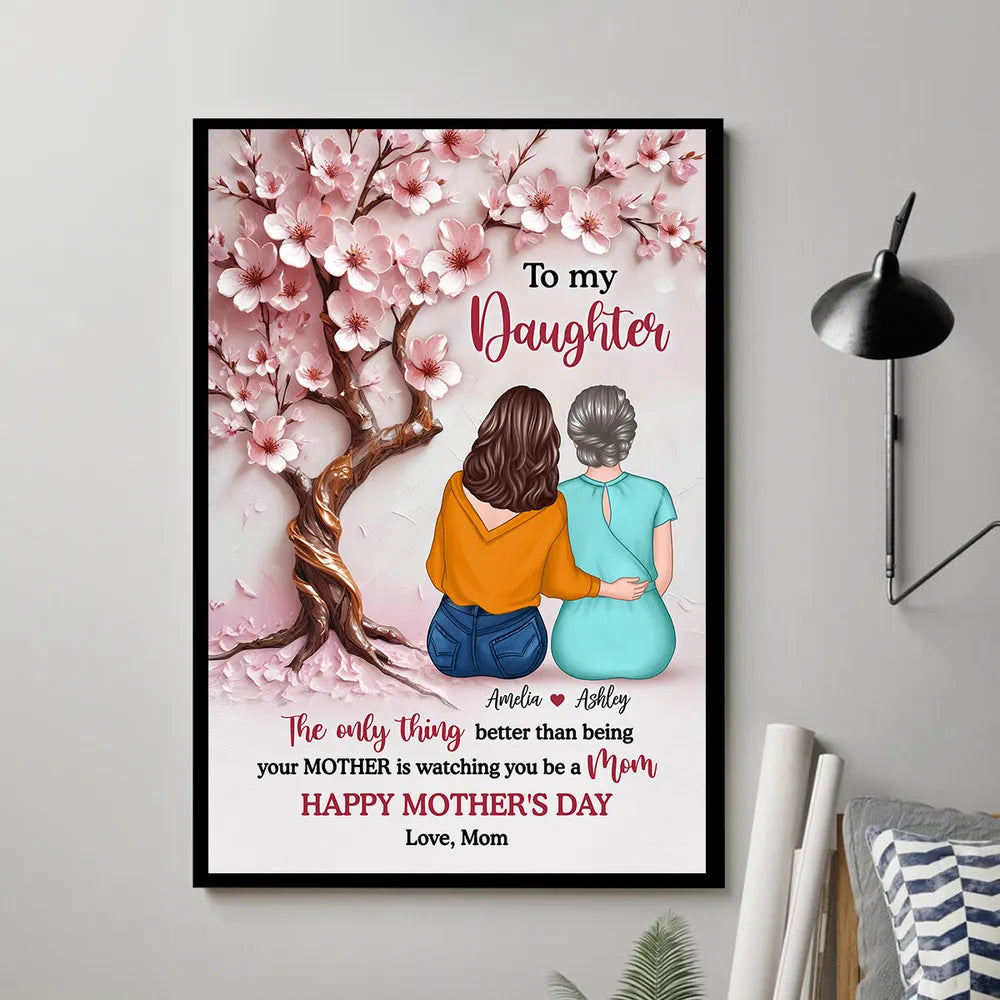 Personalized Mother & Daughter Hugging Under Cherry Blossom Tree Poster – Unframed Poster or Canvas for Mother's Day Gift
