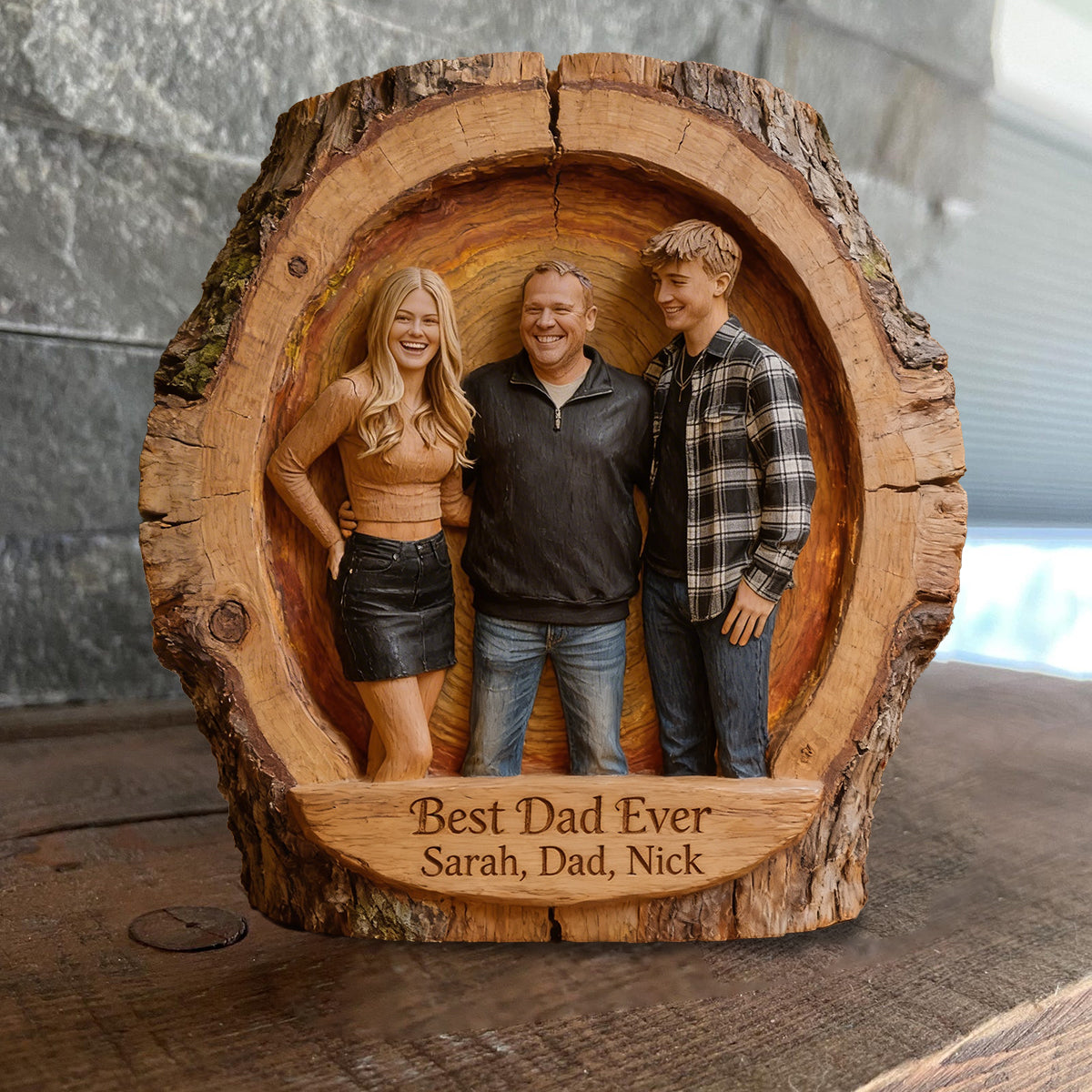 Custom Best Dad Ever Wood Log Figurine, Personalized Father and Son Carved Statue, Rustic Tabletop Decor Gift for Father's Day