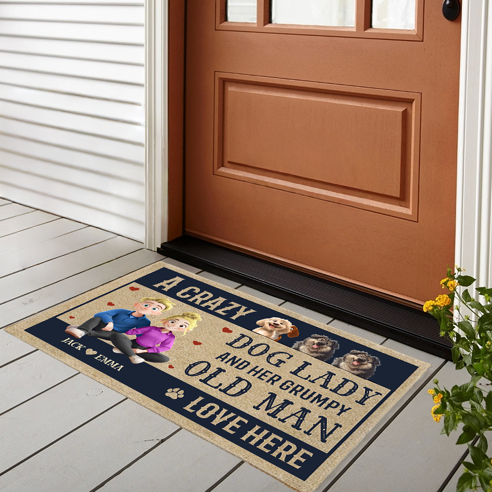 Custom Dog Lover Doormat – ‘A Crazy Dog Lady & Her Grumpy Old Man Live Here’ – Personalized Home Entry Mat
