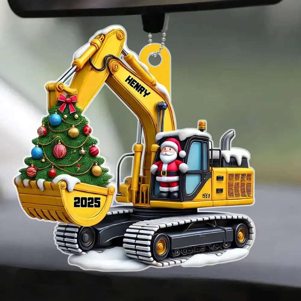 Custom Construction Truck Car Hanger with Christmas Tree and Santa – Gift for Kids or Grandson