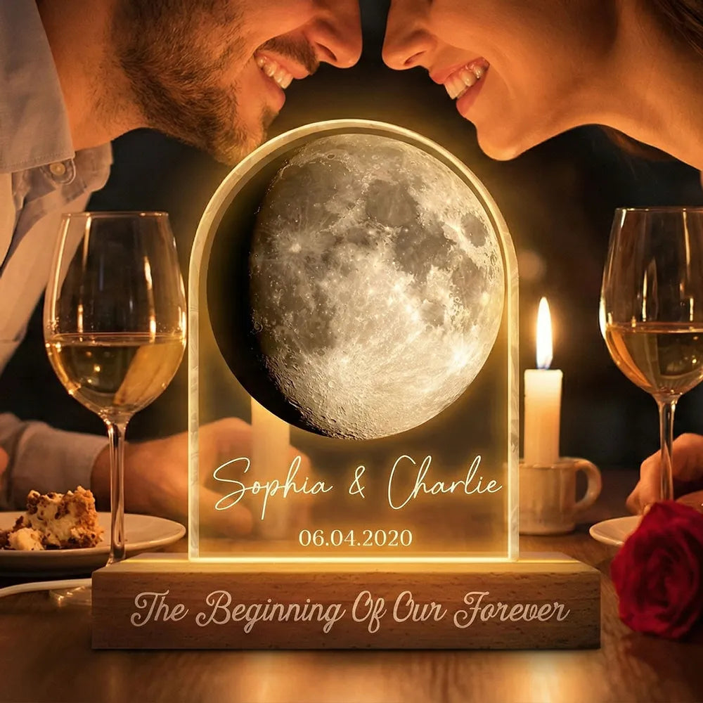 Personalized Moon Phase Block LED Light Plaque for Couple Anniversary Bedroom Decor, Warm Romantic Glow, Unique Gift