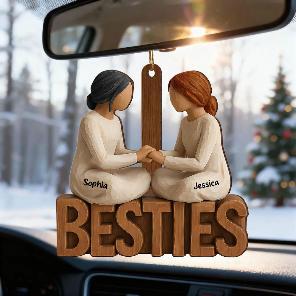 Wooden Ornament Besties Hand-in-Hand, Minimalist Carved Wood Design, Unique Gift for Best Friend, Ready to Hang