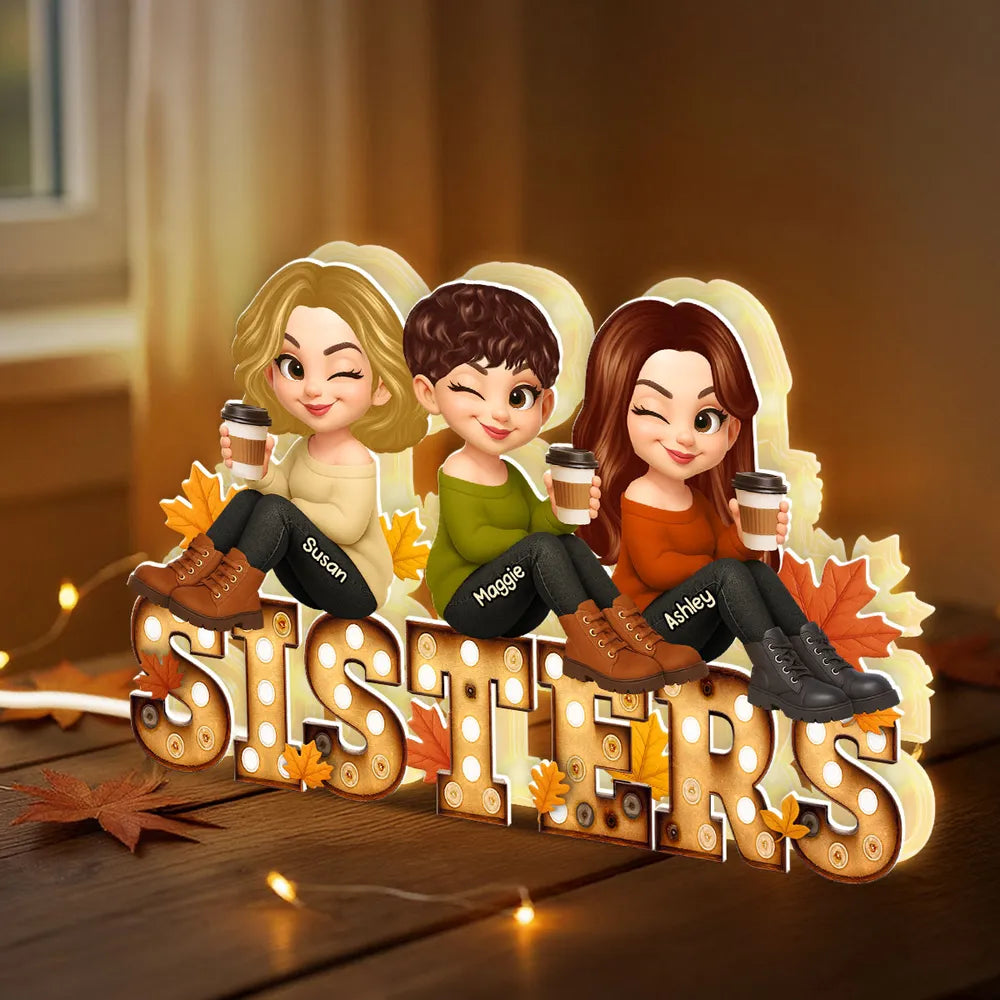 Personalized Sisters Acrylic Light Box with Cute Cartoon Design, Warm Glow Bedroom Lamp, Unique Gift for Best Friend Sisters