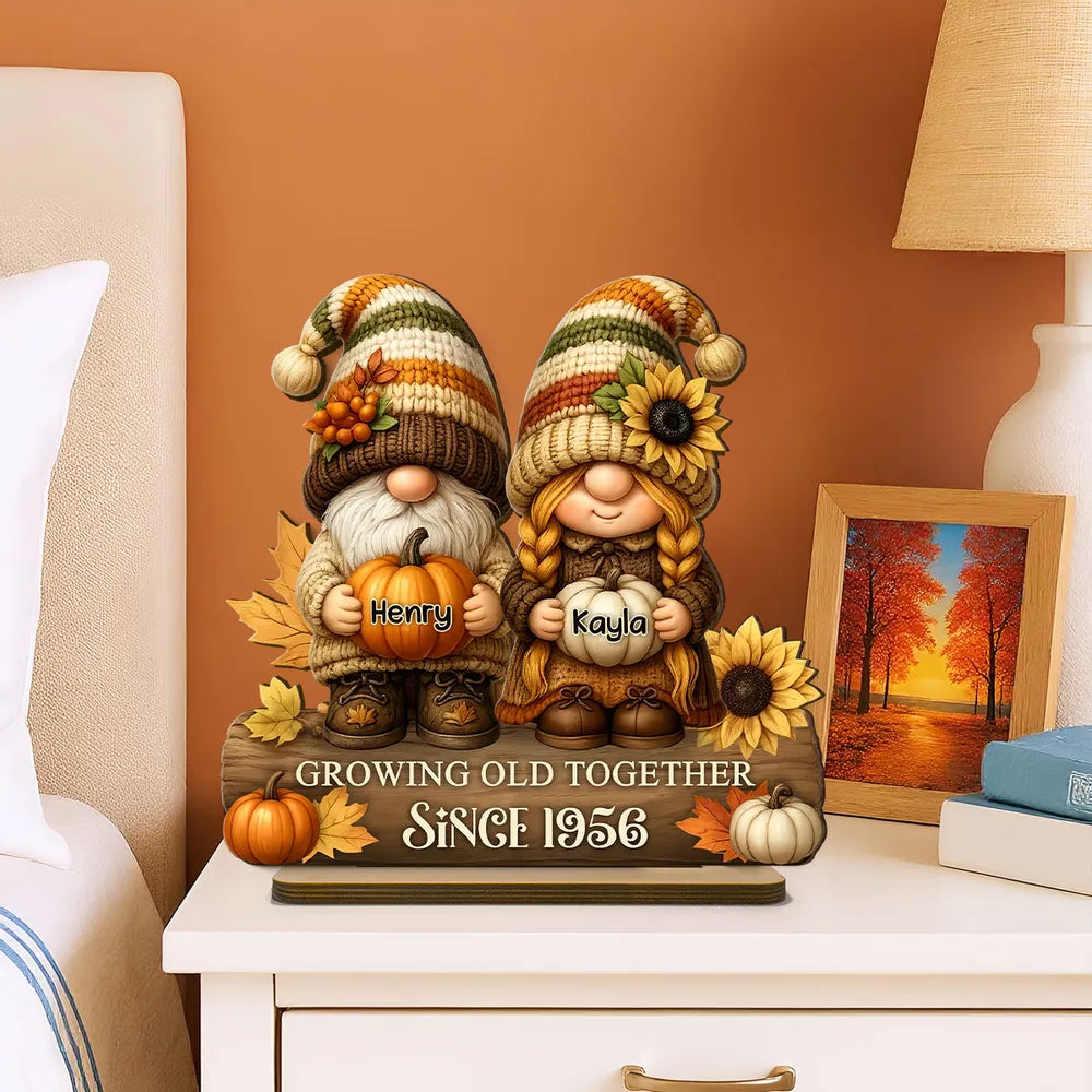 Gnome Couple Wooden Plaque, Customizable Fall Pumpkins and Sunflowers, Romantic Keepsake for Home, Unique Couple Gift