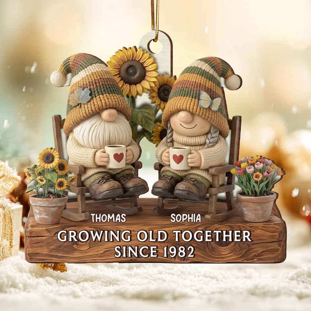 Wooden Ornament Personalized for a Couple, Cute Gnome Rocking Chairs with Sunflowers, Heartwarming Holiday Gift & Decor