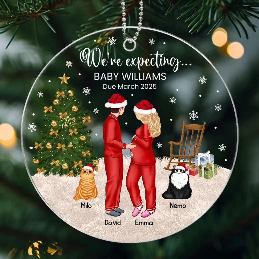 Acrylic Ornament, Expecting Couple by Christmas Tree, Cute Illustration, Unique Gift for Mom-to-Be & New Parents