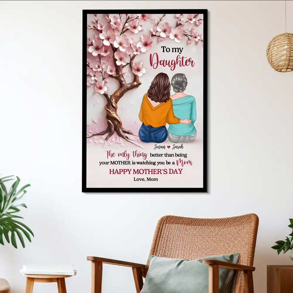 Personalized Mother & Daughter Hugging Under Cherry Blossom Tree Poster – Unframed Poster or Canvas for Mother's Day Gift
