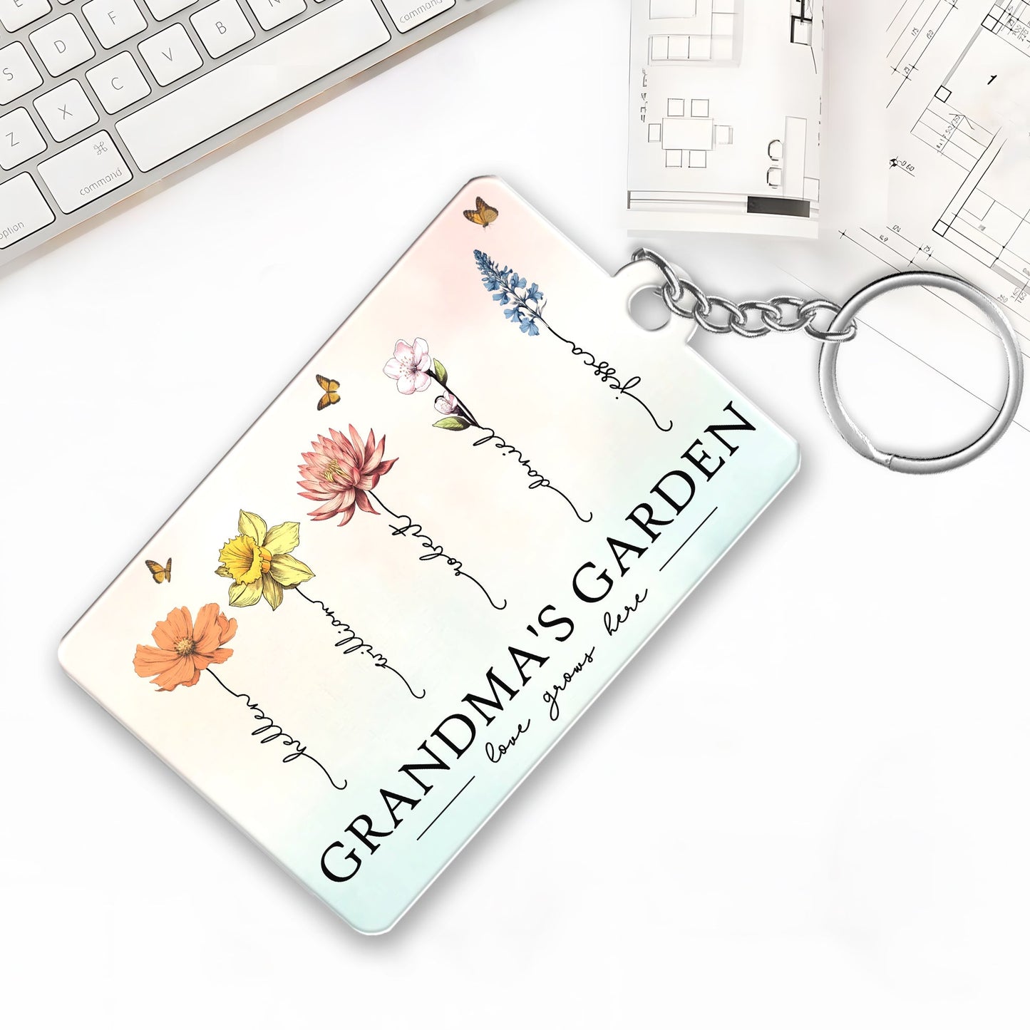 Grandma's Garden Love Grows Here Beautiful Birth Month Flower Gift For Grandma Mom Personalized Keychain, Poster, Plaque, Wallet Card, Car Hanger