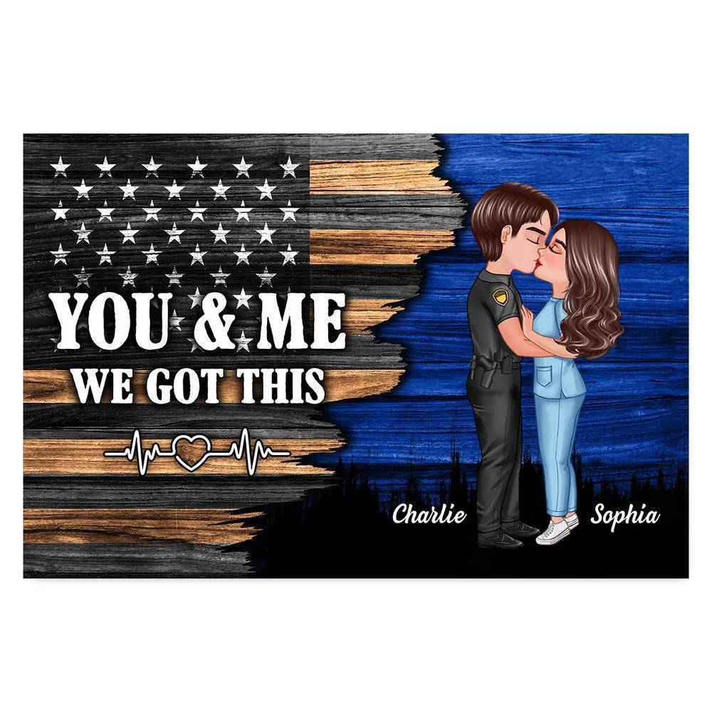 Hero Couple Kissing Half Flag Gifts by Occupation Firefighter, Nurse, Police Officer - Personalized Horizontal Poster or Canvas or Plaque or Pillow or Wallet or Wallet Card or Cap or Cup