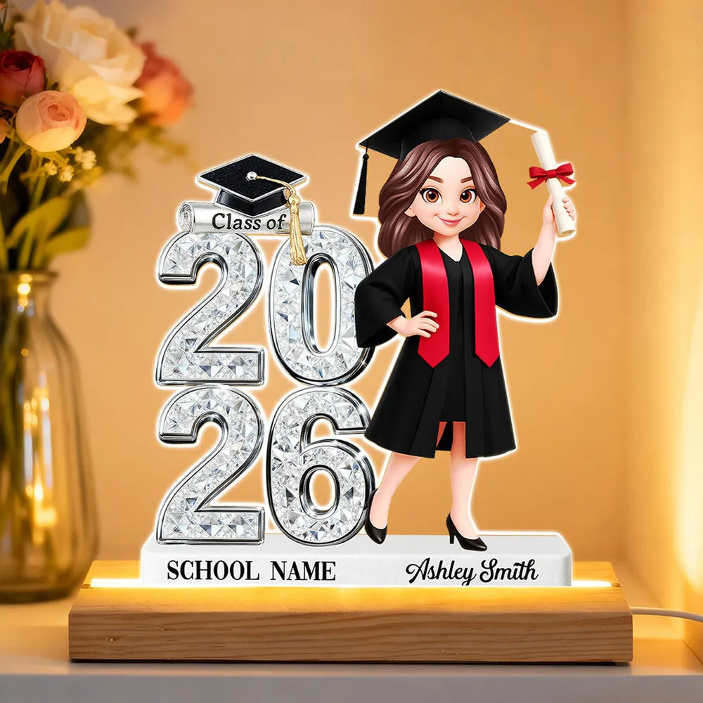 Personalized Block LED Light Plaque Graduation Night Light with Graduate Girl Holding Diploma, Warm Glow Unique Gift