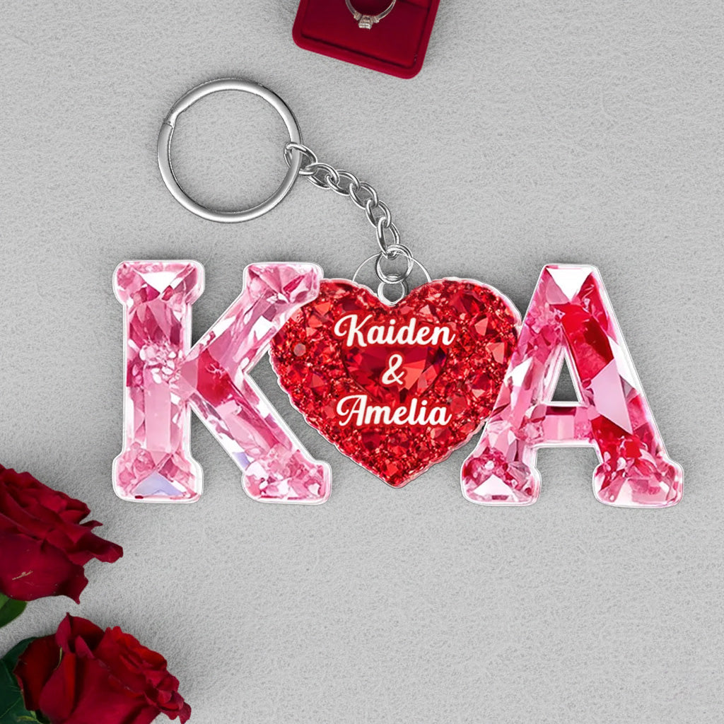 Personalized Heart Keychain with Initials and Names, Romantic Red Sparkle Anniversary Gift for Couples