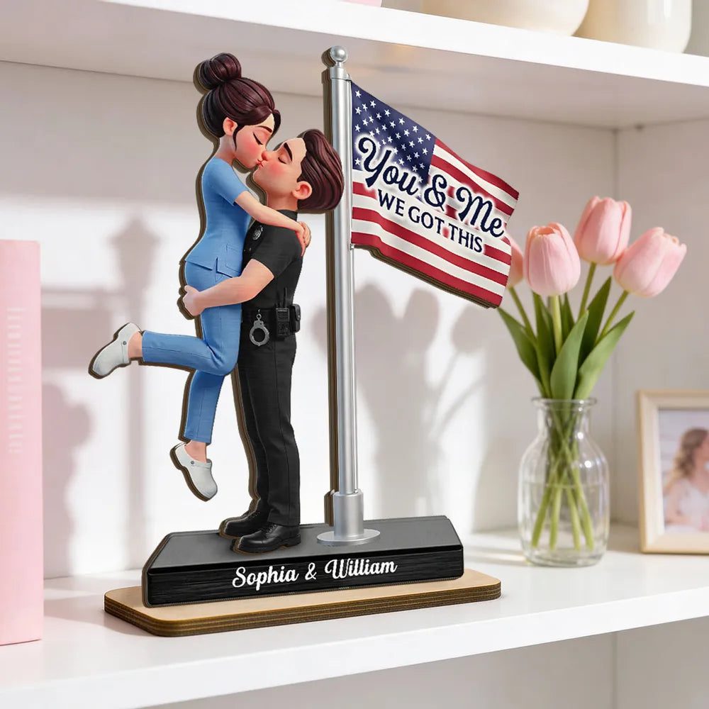 Personalized 2-Layer Wooden Plaque Hero Couple Kissing by US Flag You & Me We Got This Unique Gift for Him or Her