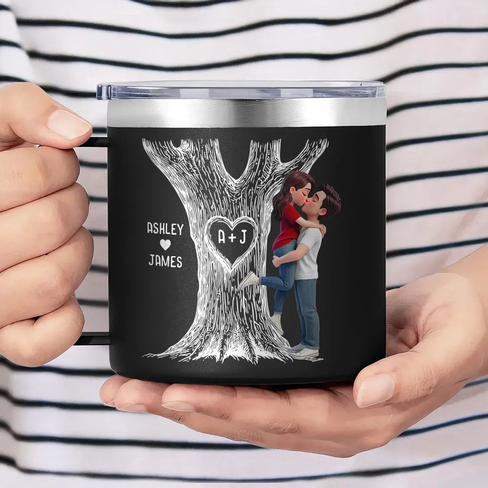 Personalized Stainless Steel Coffee Mug with Kissing Couple & Heart Initials Tree, Unique Romantic Gift for Him or Her