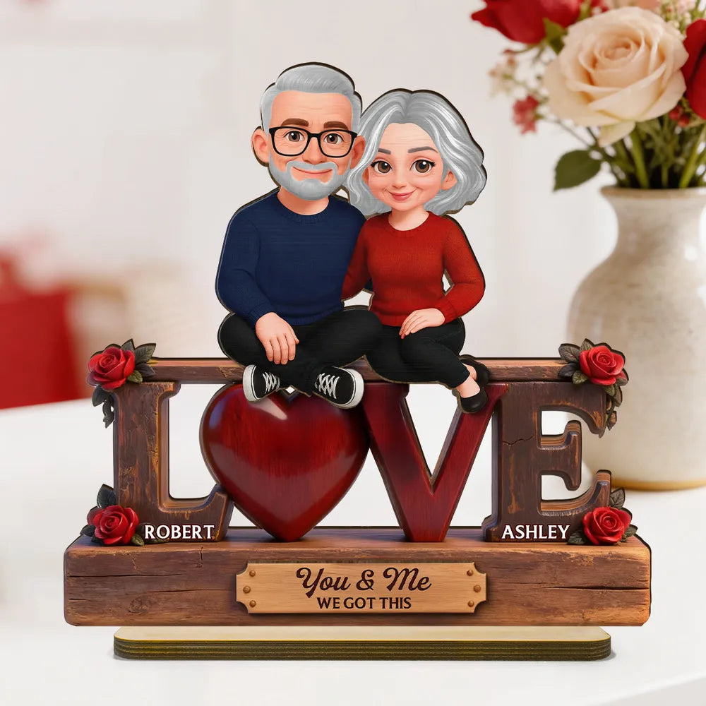 2-Layer Wooden Plaque with Cute Couple on LOVE Sign and Red Heart, Personalized Keepsake for Your Favorite Person