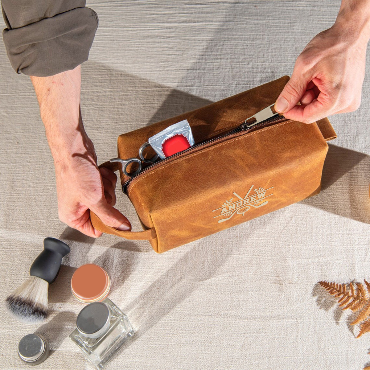 For The Man Who Plays Life Like Golf - Personalized Golf Leather Toiletry Bag