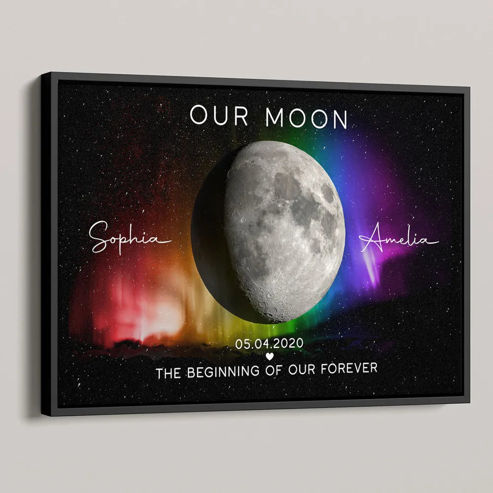 Personalized Moon Phase Poster for Couples, Rainbow Night Sky Wall Art, Unique Anniversary Gift & Pride Keepsake