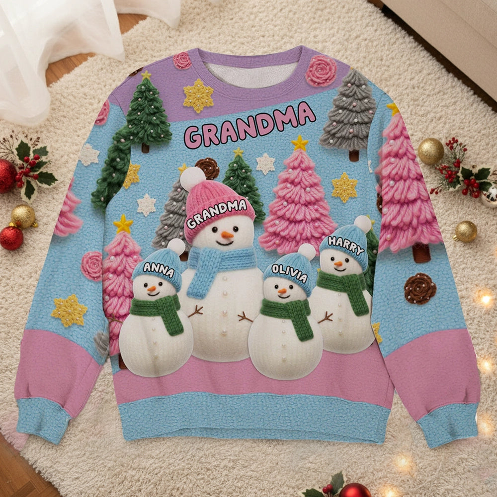 Printed Sweatshirt with Snowman Family All-Over Print, Christmas Trees, pastel winter vibe, a unique gift for Grandma