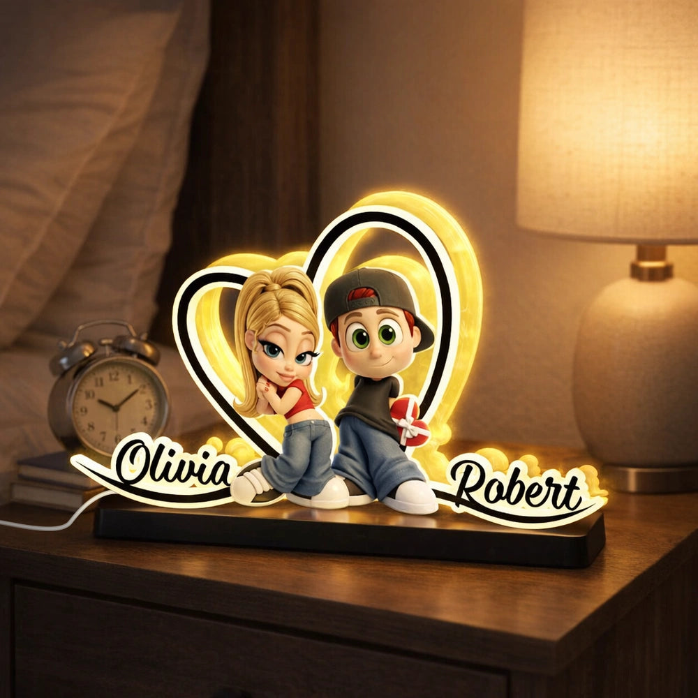 Personalized Couple Acrylic Light Box with Glowing Heart - Cute Cartoon Keepsake Nightstand Decor, Unique Gift for Couples