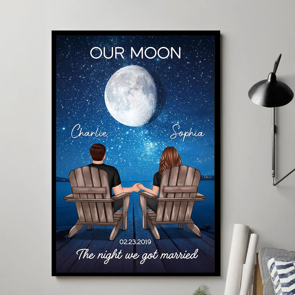Personalized Moon Poster, Couple Holding Hands by the Ocean at Night, Unique Romantic Gift for Her or Him