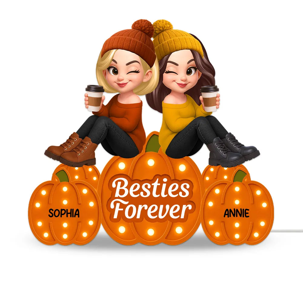 Besties Forever Acrylic Light Box with Pumpkin Marquee Glow, Sitting Friends, Cozy Fall Decor, a Unique Gift for Best Friend