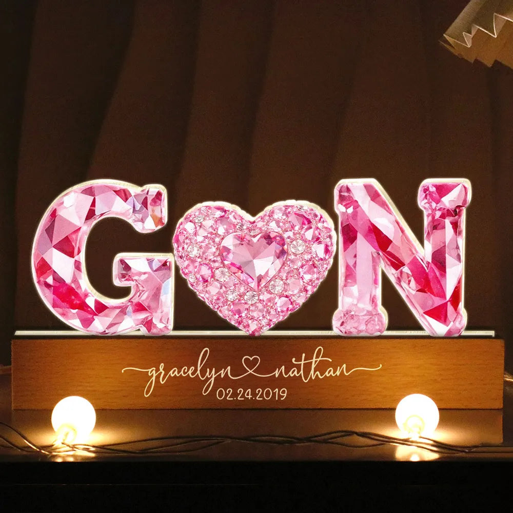 Personalized Shaped Acrylic Block LED Plaque With Initials & Heart, Romantic Nightstand Decor, Unique Gift for Couples