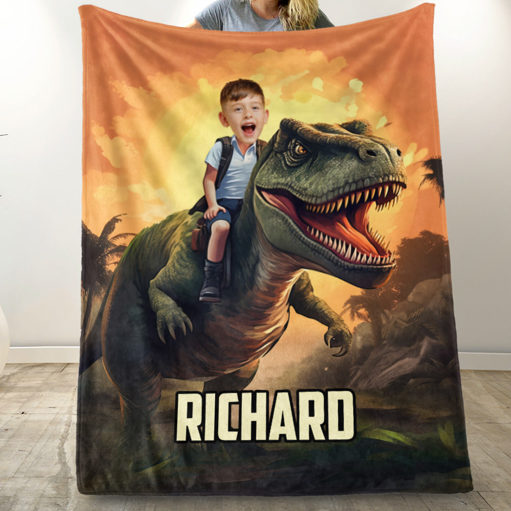 Fleece Blanket with Kid Riding a T-Rex, Customizable Dino Adventure Throw, sunset jungle, unique gift for kids