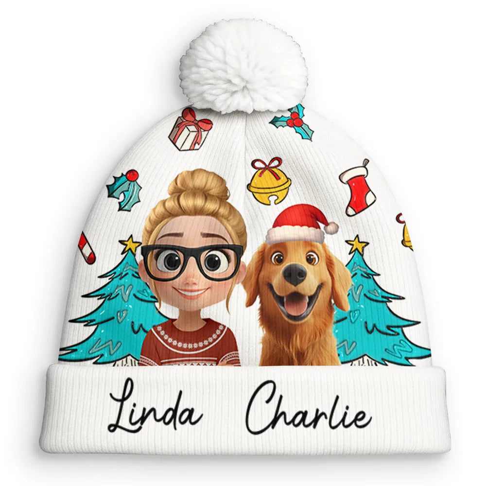Personalized Bobble Beanie Hat with Girl & Dog Cartoon, Christmas Trees & Icons, Unique Holiday Gift for Pet Lovers