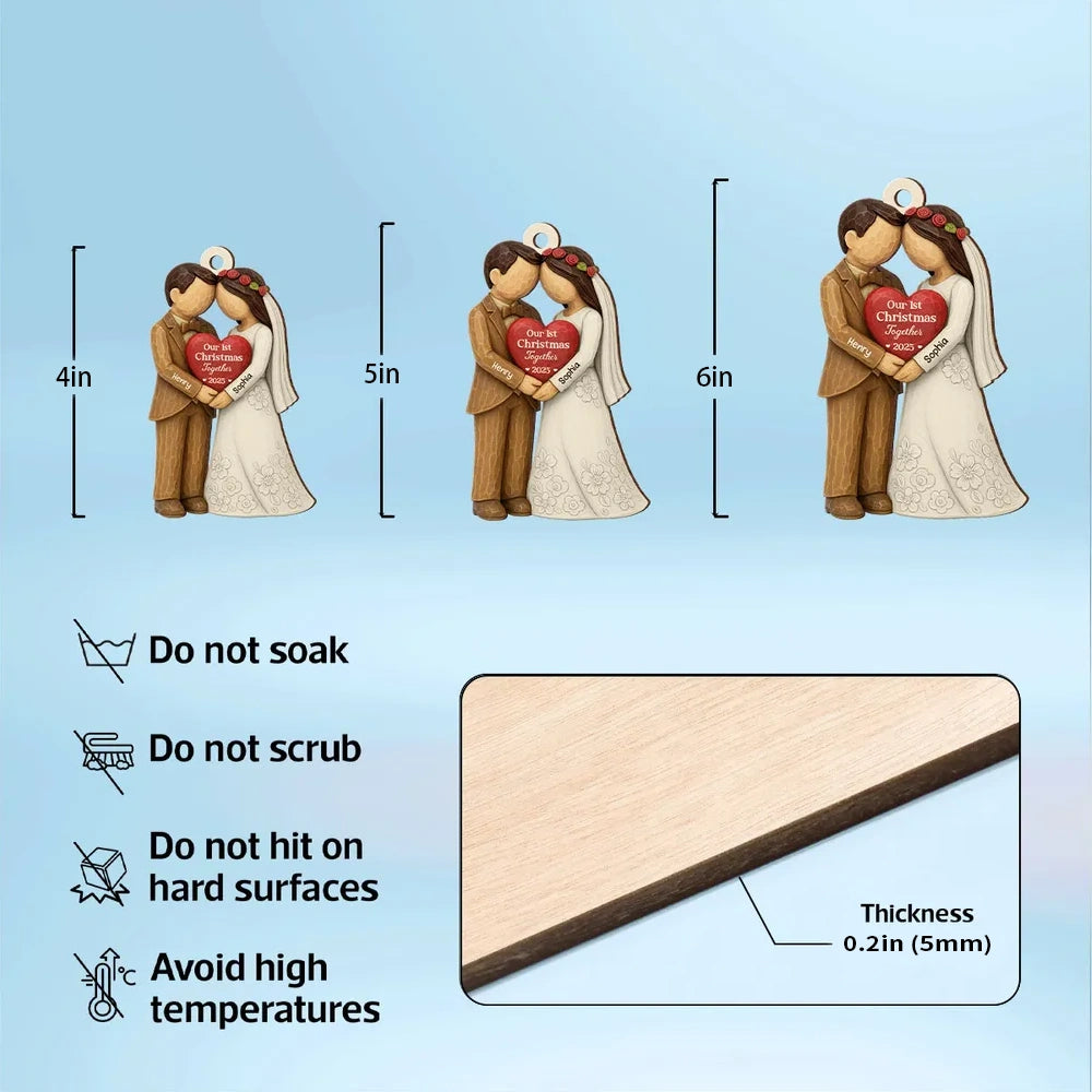 Wooden Ornament Personalized for Newlyweds, Handholding Bride and Groom Christmas Decor, Unique Gift for Couple