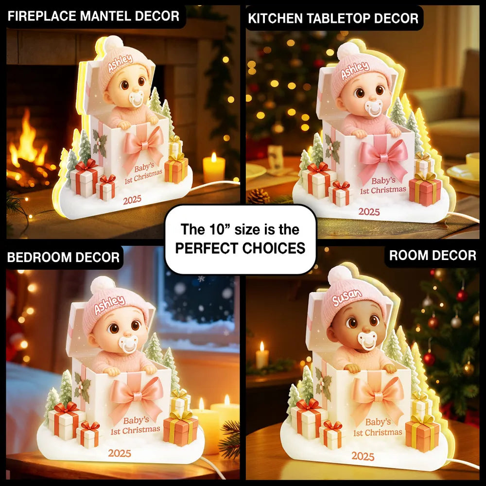 Personalized Acrylic Light Box for Baby's First Christmas – Cute Gift Box Scene, Warm Glow Nursery Lamp, Unique Keepsake Gift for New Parents