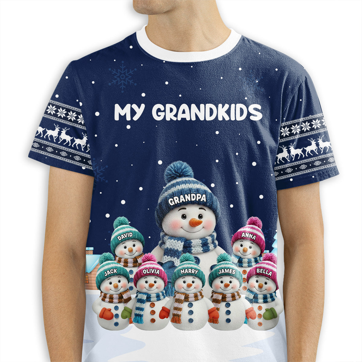 Personalized Printed Classic Tee for Grandma with Grandkids Snowman Scene, Cozy Christmas Gift She Will Love