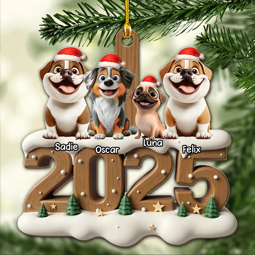 Personalized Pet Family Wooden Ornament with Santa Hats, Custom Names & Year, Heartwarming Christmas Tree Decoration
