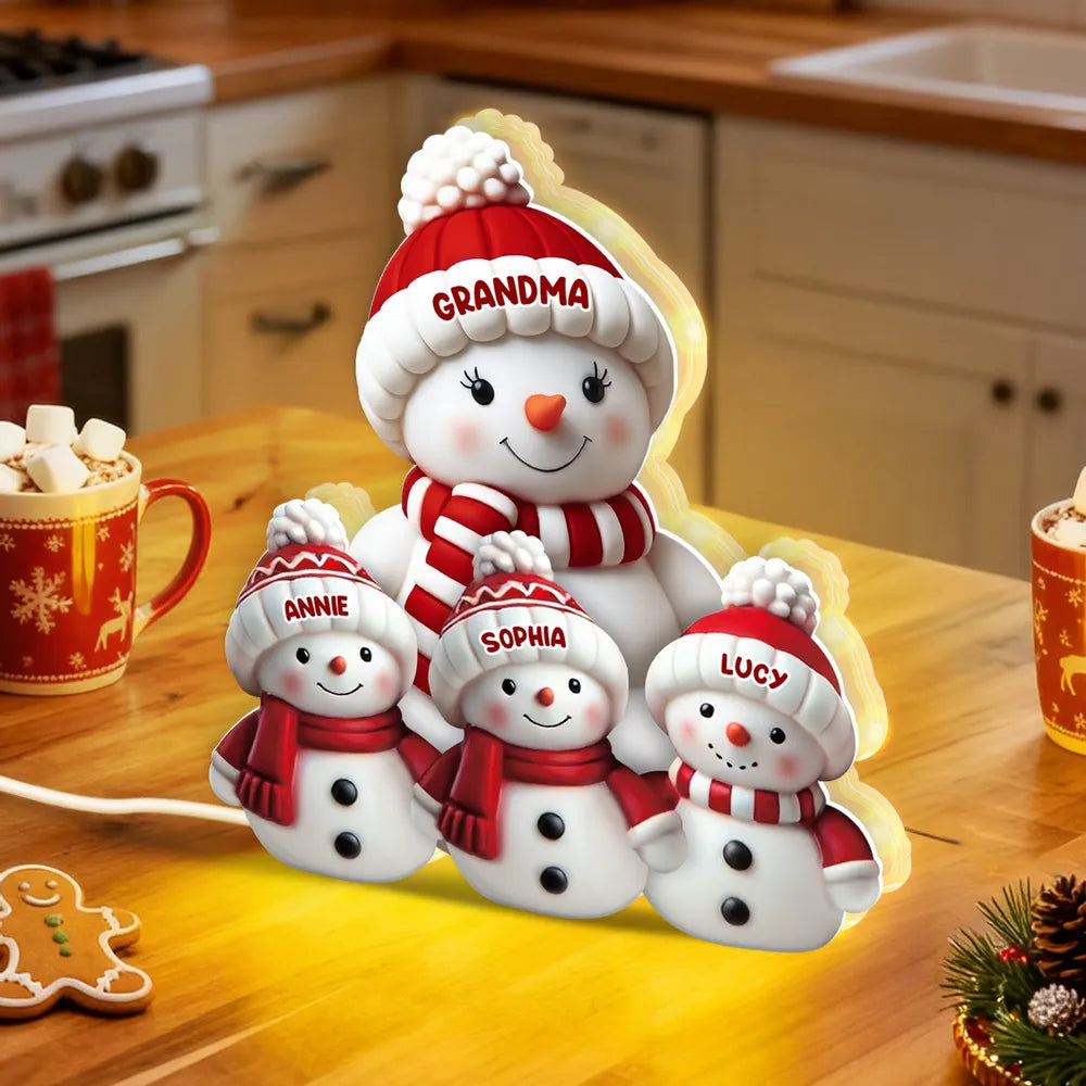 Acrylic Light Box Snowman Family, cozy glow for mantel and holiday décor, heartwarming keepsake and a perfect gift for grandma