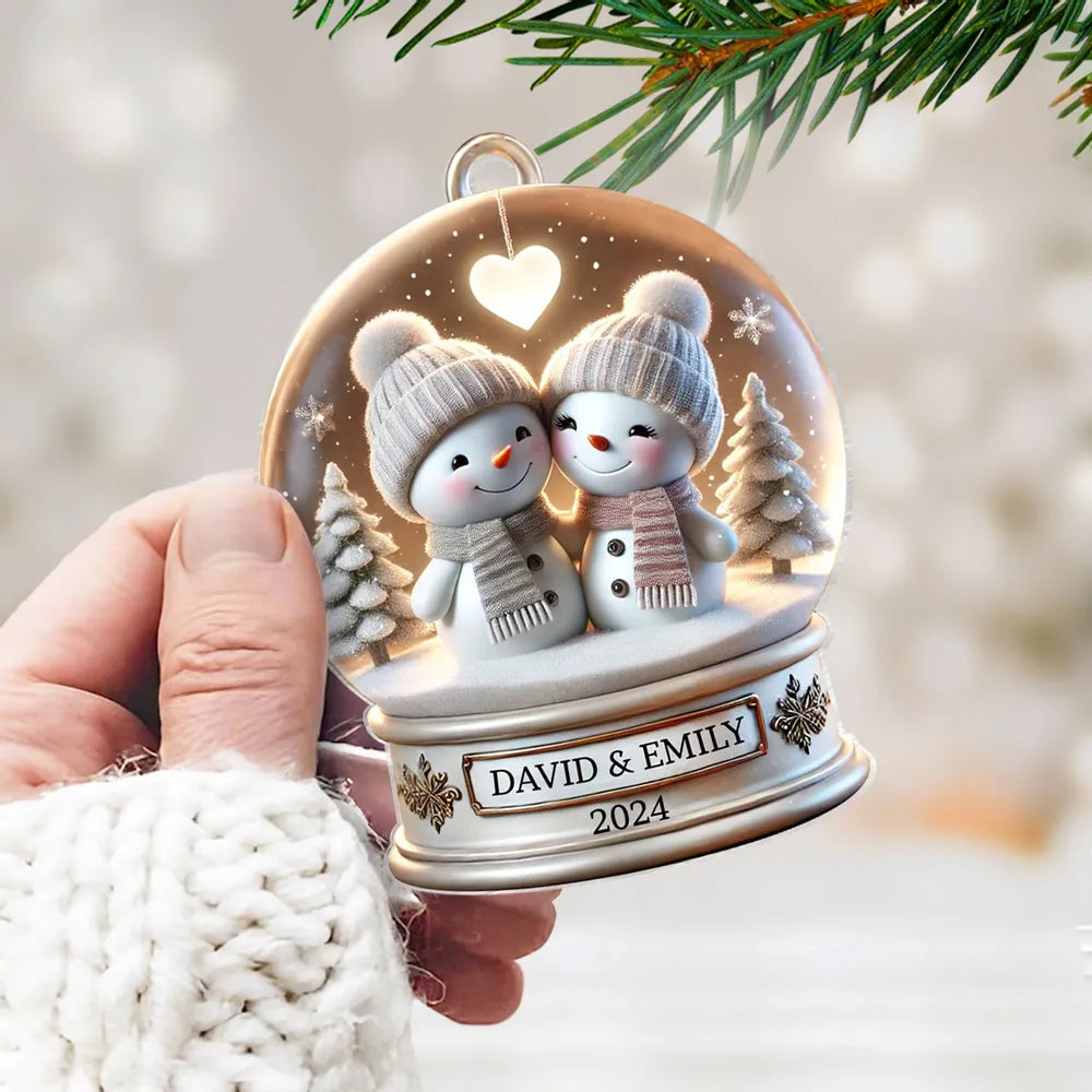 Personalized Acrylic Ornament with Snowman Couple in Snow Globe, Cute Winter Scene for Couples and a Unique Christmas Gift