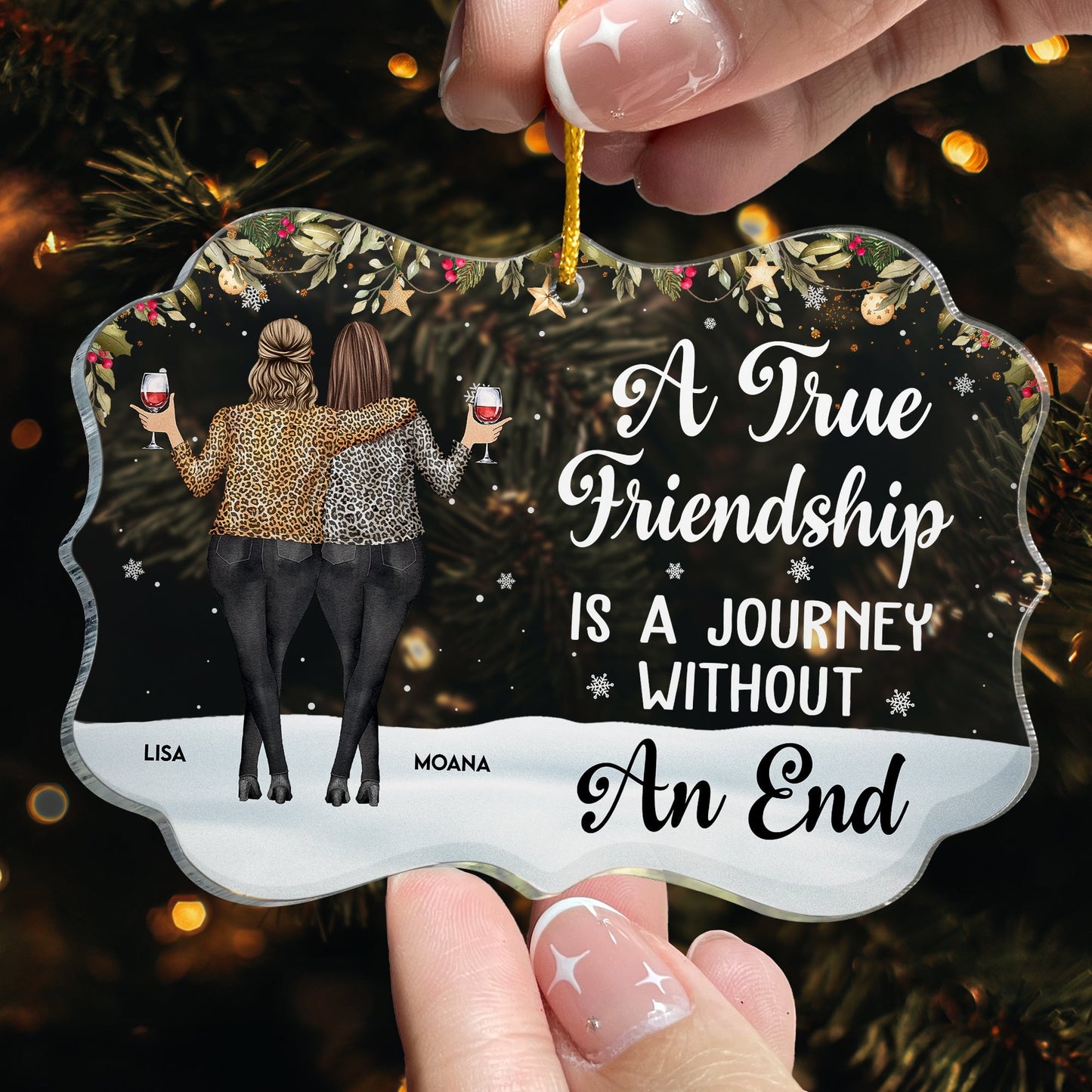 Acrylic Ornament with Friend Illustration and Quote, Christmas Tree Decoration for Besties