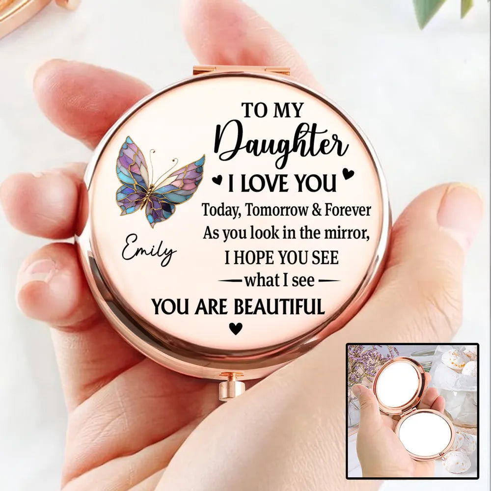 Personalized Metal Compact Mirror for Daughter, Butterfly Love Quote, Everyday Purse Keepsake, Unique Gift