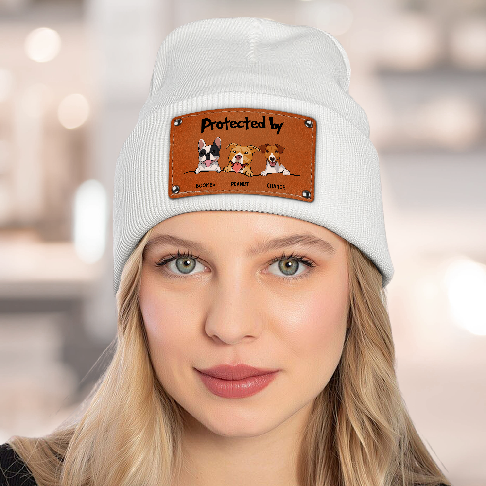 Personalized 'Protected by' Knit Hat with Dog Illustration, Customizable for Loved Ones