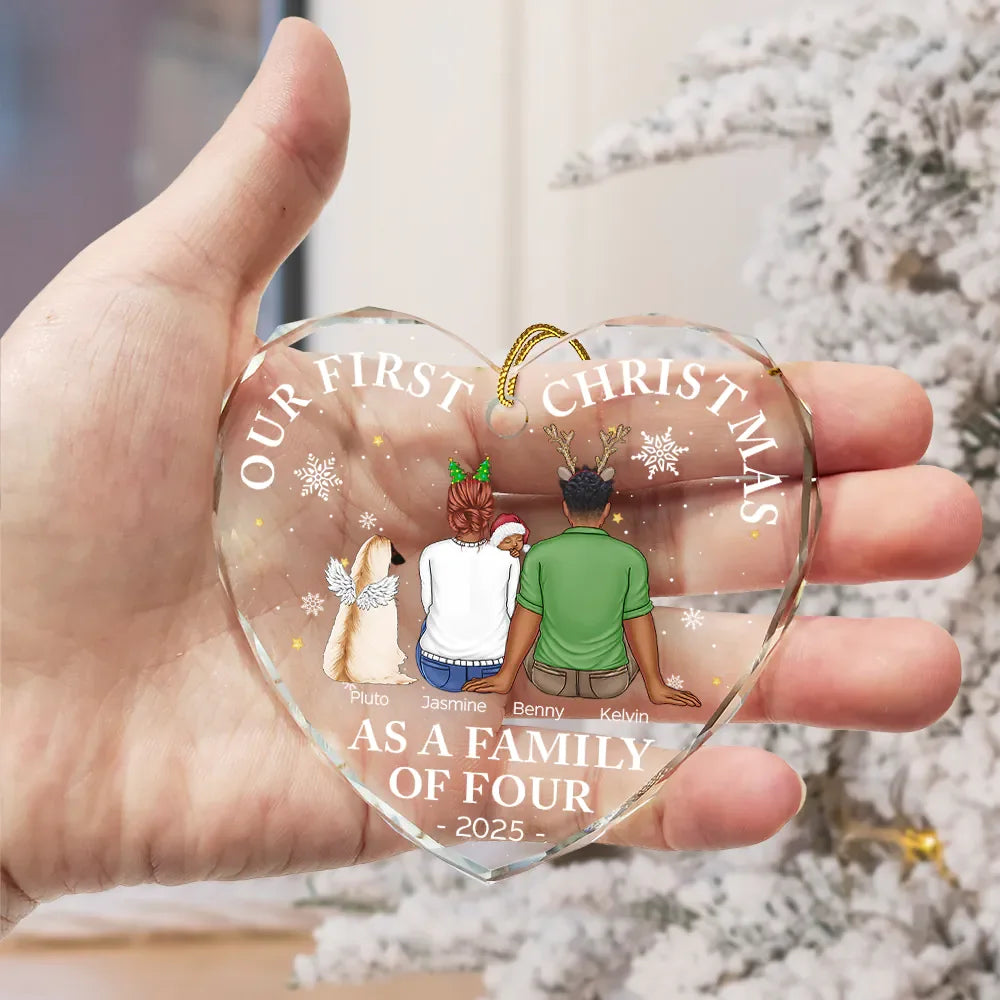 Crystal Heart Ornament for Christmas tree, cozy couple illustration with little one, keepsake, gift-ready for new parents and families