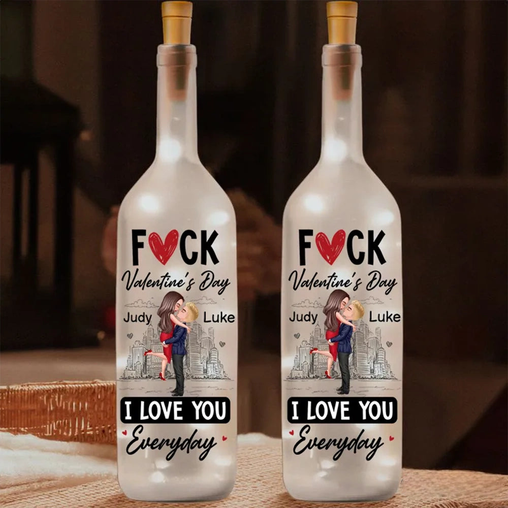 Personalized Bottle Lamp With Couple Hugging City Sketch, I Love You Everyday, Unique Valentine's Day Gift With Warm Glow